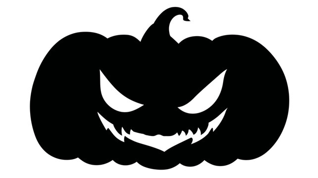 A black silhouette of a menacing jack-o'-lantern with sharp, glowing white eyes and jagged teeth