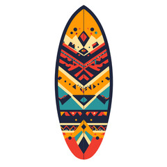 Detailed Surfboard Illustration with Symmetrical Geometric Tribal Pattern in Saturated Colors against White Backdrop Flat Vector