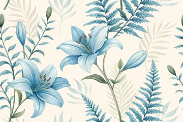 Exquisite Blue Lily and Fern Botanical Pattern Seamless Wallpaper Design for Elegant Home Decor