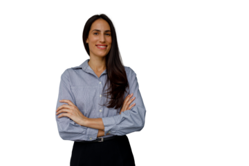 Confident businesswoman smiling with arms crossed, portraying professional success and corporate leadership on transparent background