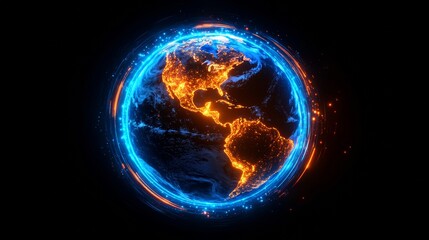 Glowing digital Earth with illuminated continents and swirling blue, orange energy rings, symbolizing global technology, data networks, digital communication, connectivity, futuristic world concepts