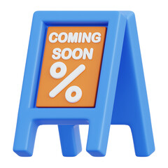 Blue A Frame Sign With Orange Insert Announcing Coming Soon With Percentage Symbol In White Text On A Transparent Background