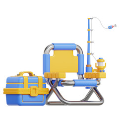 Blue and Yellow Fishing Chair and Tackle Box with Fishing Rod on Transparent Background