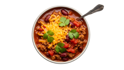 Bowl of Spicy Ground Beef Chili with Cheddar Cheese and Cilantro on Transparent Background