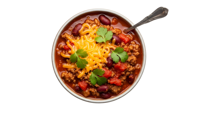 Bowl of Spicy Ground Beef Chili with Cheddar Cheese and Cilantro on Transparent Background