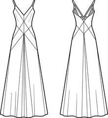 Sleeveless gown fashion CAD, v neck crisscross back dress technical flat sketch, vector illustration, apparel design template, garment construction drawing, front back view
