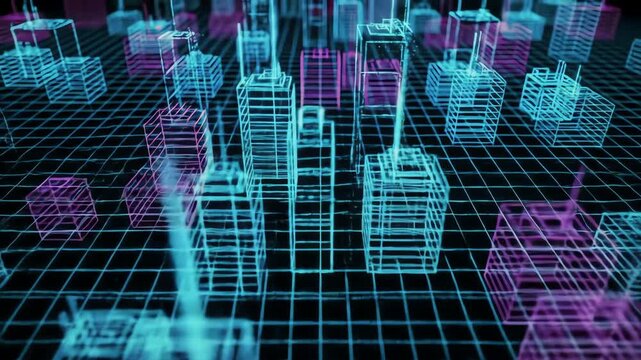 Abstract futuristic wireframe city with neon glow, showcasing modern technology and digital urban landscape for cyberpunk and metaverse designs