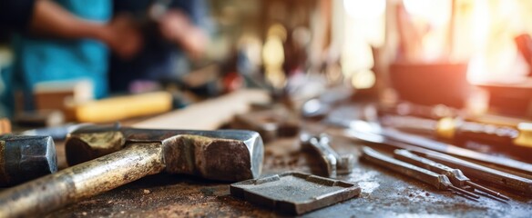 The Hammer on a Rustic Workbench in a Warm Sunlit Workshop Environment