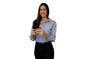 Woman smiling, holding phone, connecting and communicating using mobile technology, transparent background