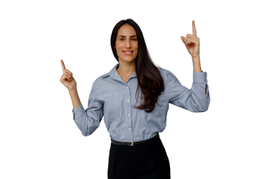 Businesswoman smiling, pointing up both hands, showing ideas and presenting options on transparent background