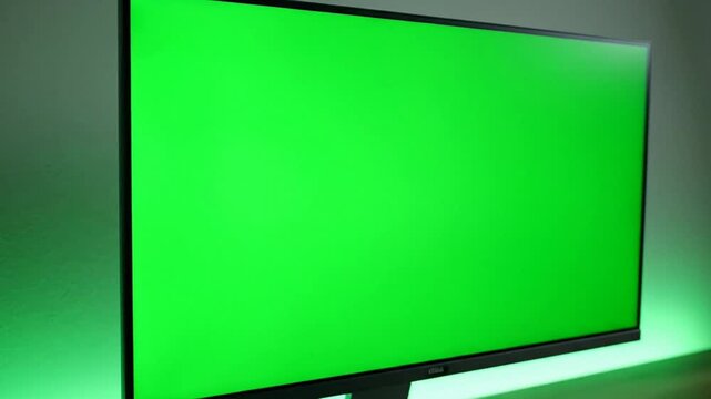 Green screen on a monitor with a sleek frame, positioned at an angle on a dark surface with a neon glow, against a gradient background.