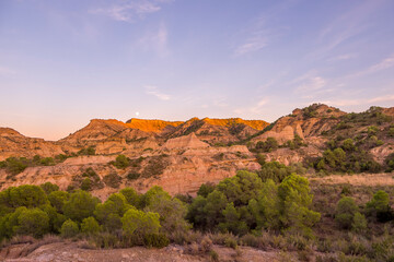 Desert landscape at sunset, Monegros Desert, Aragon, Spain