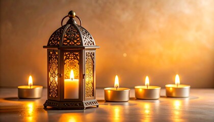Ornate lantern with tealight candles and bokeh lights in warm festive glow
