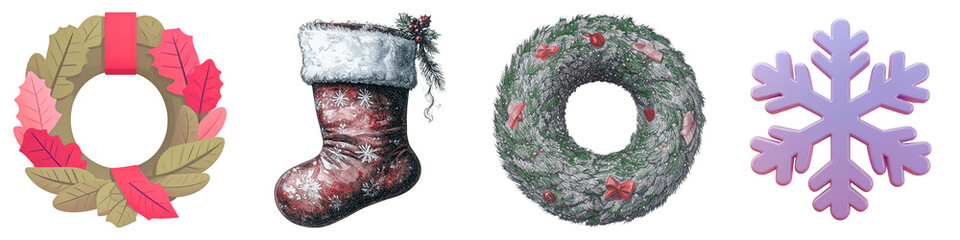 Christmas Set of Christmas decorations on Transparent background.