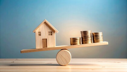 Wooden house model on balanced scale with uneven coin stacks, blue background