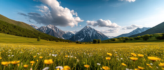 Hyper-realistic animation of alpine valley in spring with wildflowers and mountains