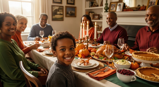 A black boy smile  while sitting at a festive table. Traditional festive Thanksgiving turkey dinner. Black family Cheers Celebrating Thanksgiving Holiday Concept.	 
