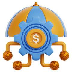 Abstract 3D icon representing digital insurance services with a blue and orange umbrella gear and dollar coin symbol