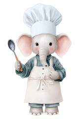 Naklejka premium Cute baby elephant dressed as a chef holding a spoon rendered in a soft watercolor style