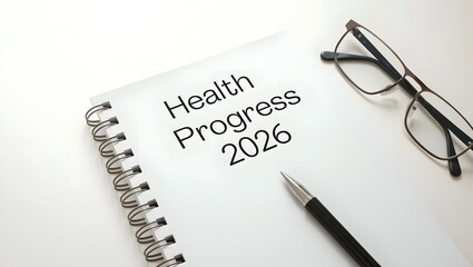 Notebook with title &ldquo;Health Progress 2026&rdquo;, pen, and glasses on white desk