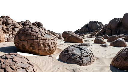 Large Cracked Boulders on Sandy Desert Landscape with Dark Sky