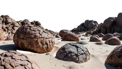 Large Cracked Boulders on Sandy Desert Landscape with Dark Sky