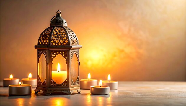 Ornate lantern with tealight candles and bokeh lights in warm festive glow
