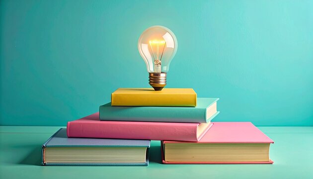 Colorful books with lit bulb on top against turquoise background