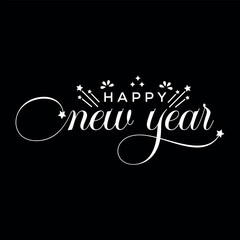 Elegant white happy new year script text with decorative flourishes on a black background