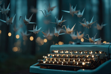 Vintage typewriter surrounded by floating origami cranes in a mystical forest setting