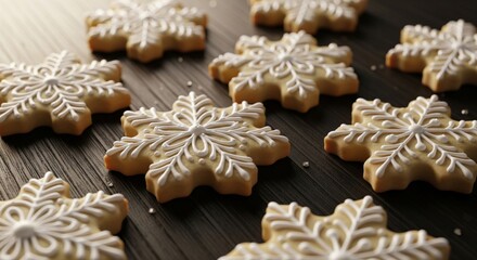 Fototapeta premium Elegant Snowflake Cookies with White Icing on Dark Wood Table