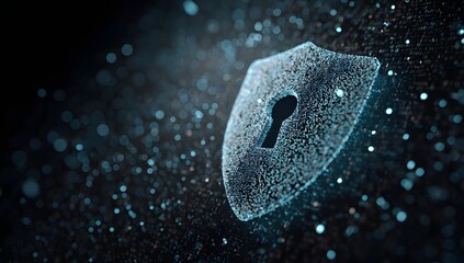 Digital shield with glowing keyhole symbol representing cybersecurity and data protection concepts isolated on transparent background