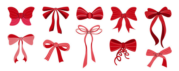 Vector set of red decorative bows and striped ribbons. Perfect for holiday packaging, gift wrapping, wedding decor, Christmas and Valentine's Day design. Flat illustration on white background.