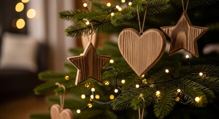 Christmas Tree Adorned with Wooden Heart and Star Ornaments Warm Glowing Fairy Lights Festive