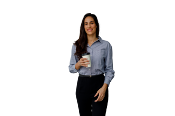 Smiling businesswoman holding a coffee cup, standing, looking at camera, feeling positive and confident for business success