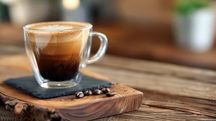Close-Up of a Stylish Coffee Cup with Latte Art on a Wooden Table with Coffee Beans and Natural Background