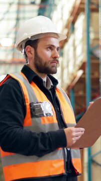 Logistics, man and writing on clipboard in warehouse for stock inspection, quality control or shipping. Supply chain, manager and checklist for inventory management, tracking inbound cargo or backlog