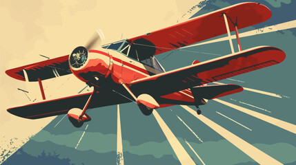 Vintage red biplane soars against a stylized sky © Mangku