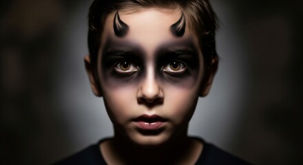 Boy with Horns Dark Eye Makeup Portrait in Shadows Halloween Costume Theme