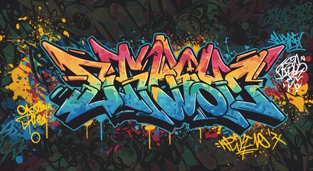 Naklejka premium Vibrant graffiti art on a dark background, showcasing bold lettering with colorful paint splatters