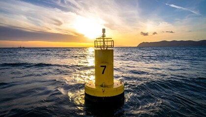 Yellow buoy with the number 7 floats on dark sea water, bathed in the sunset's golden light