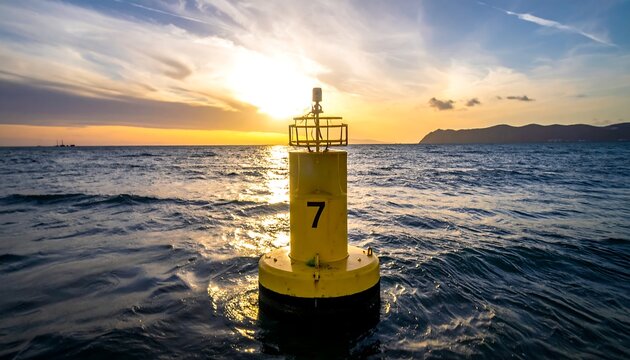Yellow buoy with the number 7 floats on dark sea water, bathed in the sunset's golden light
