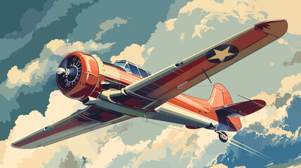 A vintage red propeller plane soars through fluffy clouds against a blue sky © Mangku