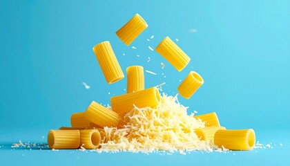 Airborne rigatoni pasta above shredded cheese on bright blue background