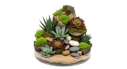 3d lush succulent terrarium with layered substrate isolated on transparent background
