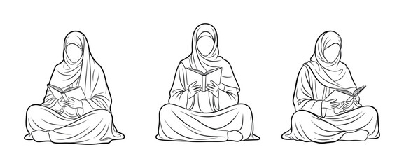 Muslim Women Reading Books in Traditional Clothing Line Art Vector Illustration