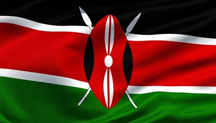 Kenya flag with black-red-green stripes, white borders, and Maasai shield.