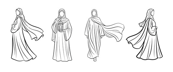 Arab Women in Elegant Abayas Fashion Line Art Vector Illustration