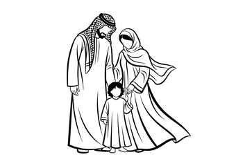 Arabian Family with Child in Traditional Clothing Line Art Vector