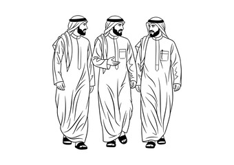 Three Arab Men in Traditional Clothing Walking and Talking Vector Line Art